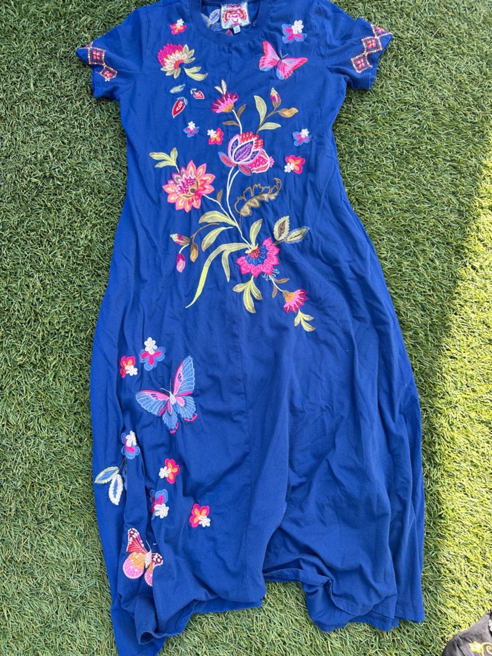 Johnny Was Royal Blue Maxi Dress with Multicolor Floral & Butterfly Embroidery